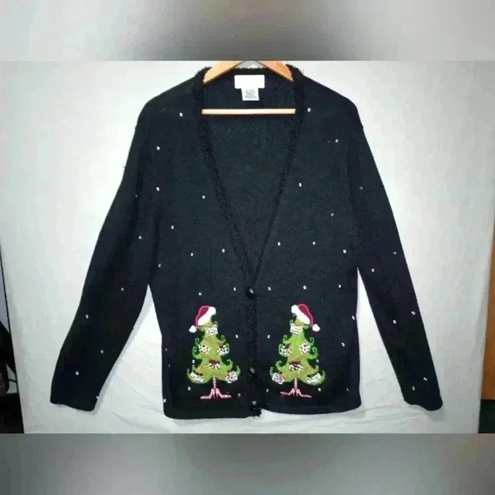 Mandal Bay Womens Holiday Sweater Black Embroidered Tree Long Sleeve XL Retro